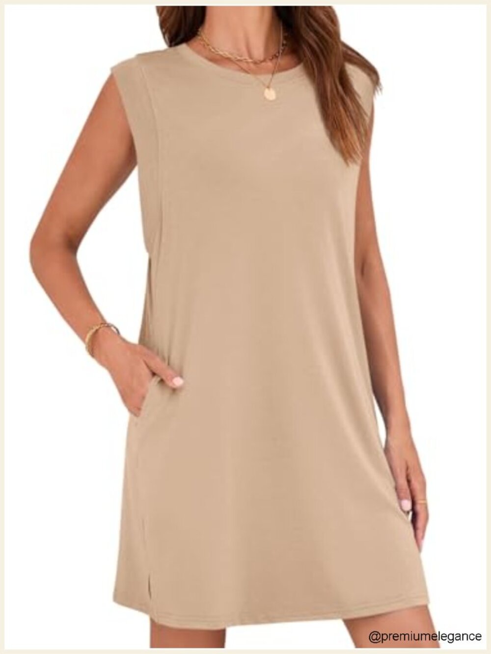 Sleeveless Crewneck Mini T-Shirt Dress with Pockets Side Slits Casual Summer